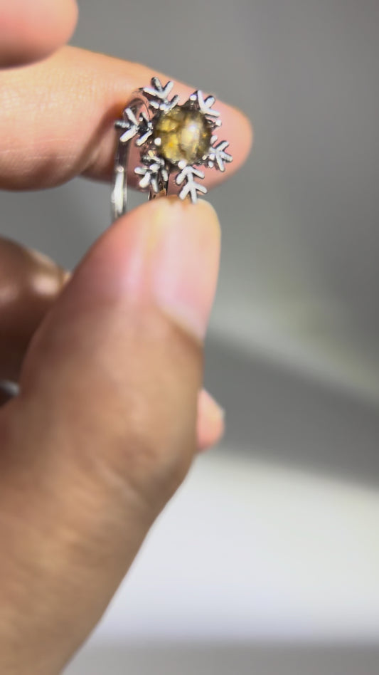 Christmas Snowflake Meteorite Ring – Genuine Sericho Pallasite, Adjustable Copper Ring, Spin Snowflake Ring, Gift Box & Certificate