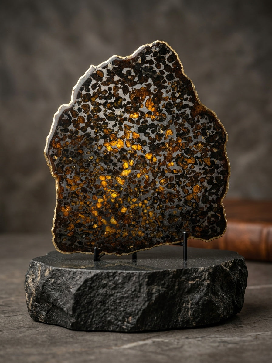 Sericho Pallasite Meteorite Slice 350g (200×230×3.5mm) — Golden Olivine “Gems in Meteorites” | Meteorite for Sale