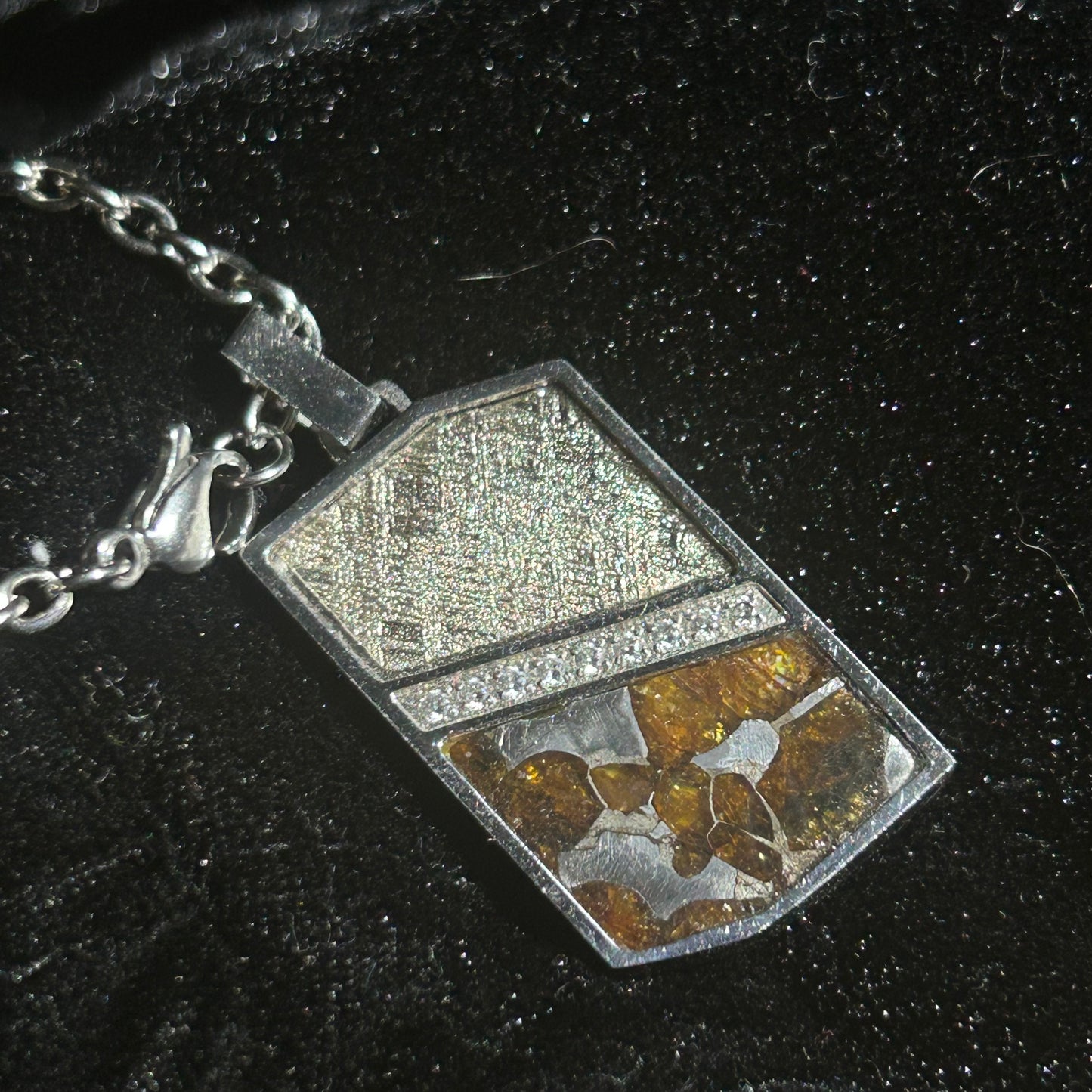 Cosmic Panel Pendant Necklace Sweden Muonionalusta Meteorite + Pallasite Peridot Inlay|Geometric Tag Charm | Gift Box + COA |29.6×17.5×2.5mm