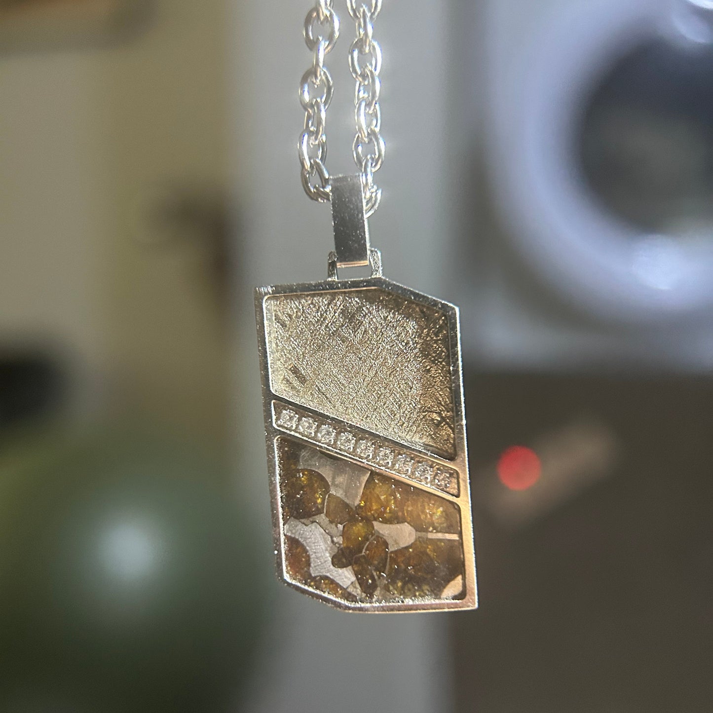 Cosmic Panel Pendant Necklace Sweden Muonionalusta Meteorite + Pallasite Peridot Inlay|Geometric Tag Charm | Gift Box + COA |29.6×17.5×2.5mm