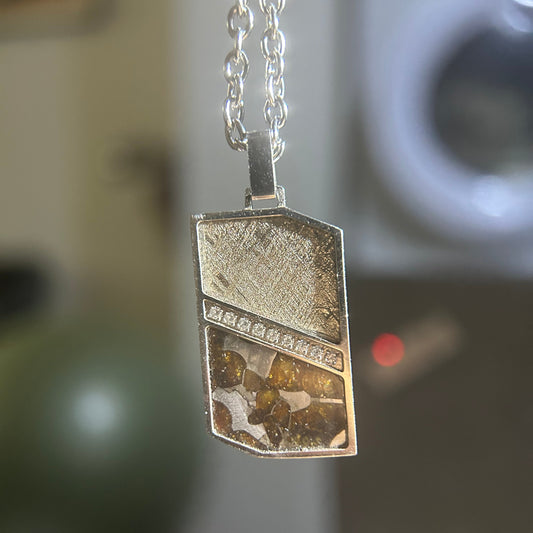 Cosmic Panel Pendant Necklace Sweden Muonionalusta Meteorite + Pallasite Peridot Inlay|Geometric Tag Charm | Gift Box + COA |29.6×17.5×2.5mm
