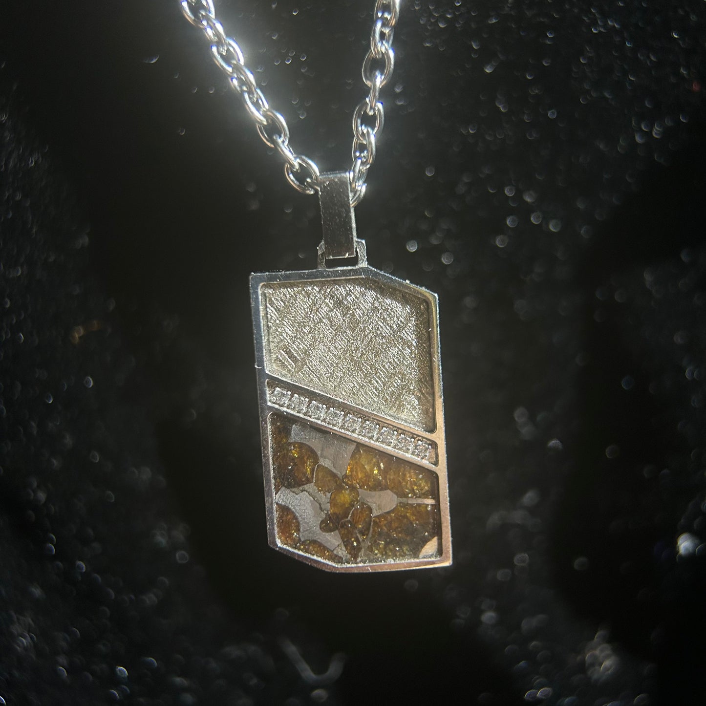 Cosmic Panel Pendant Necklace Sweden Muonionalusta Meteorite + Pallasite Peridot Inlay|Geometric Tag Charm | Gift Box + COA |29.6×17.5×2.5mm