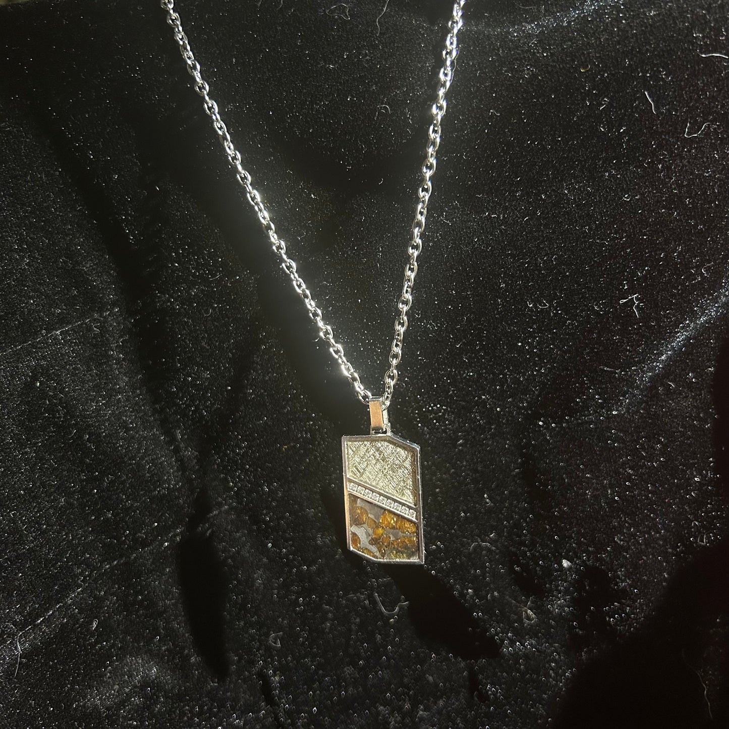 Cosmic Panel Pendant Necklace Sweden Muonionalusta Meteorite + Pallasite Peridot Inlay|Geometric Tag Charm | Gift Box + COA |29.6×17.5×2.5mm