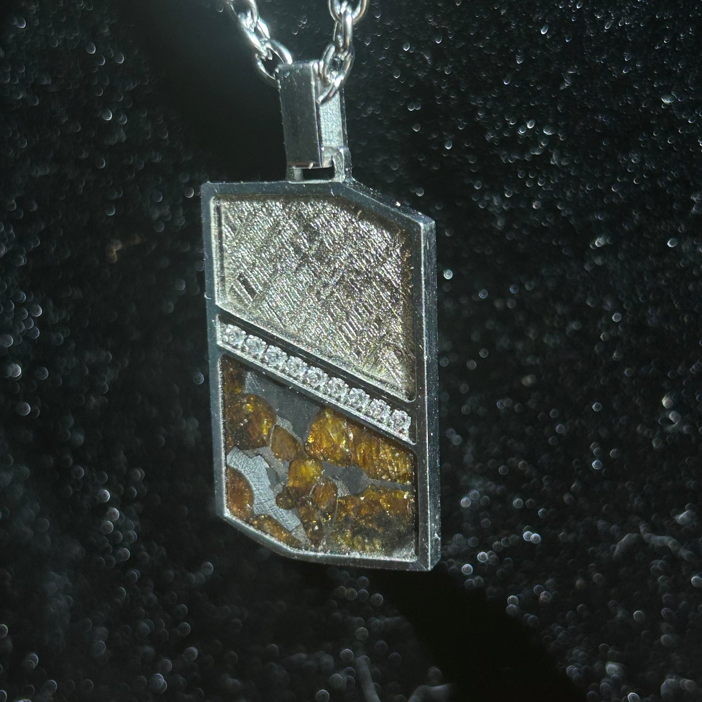 Cosmic Panel Pendant Necklace Sweden Muonionalusta Meteorite + Pallasite Peridot Inlay|Geometric Tag Charm | Gift Box + COA |29.6×17.5×2.5mm