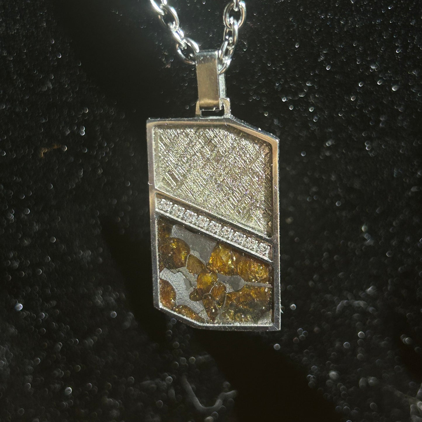 Cosmic Panel Pendant Necklace Sweden Muonionalusta Meteorite + Pallasite Peridot Inlay|Geometric Tag Charm | Gift Box + COA |29.6×17.5×2.5mm