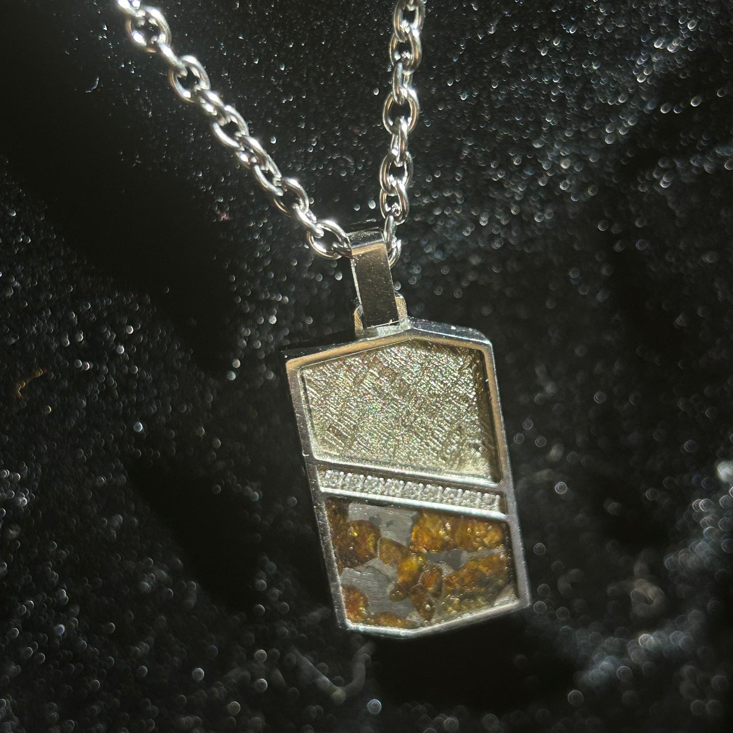 Cosmic Panel Pendant Necklace Sweden Muonionalusta Meteorite + Pallasite Peridot Inlay|Geometric Tag Charm | Gift Box + COA |29.6×17.5×2.5mm