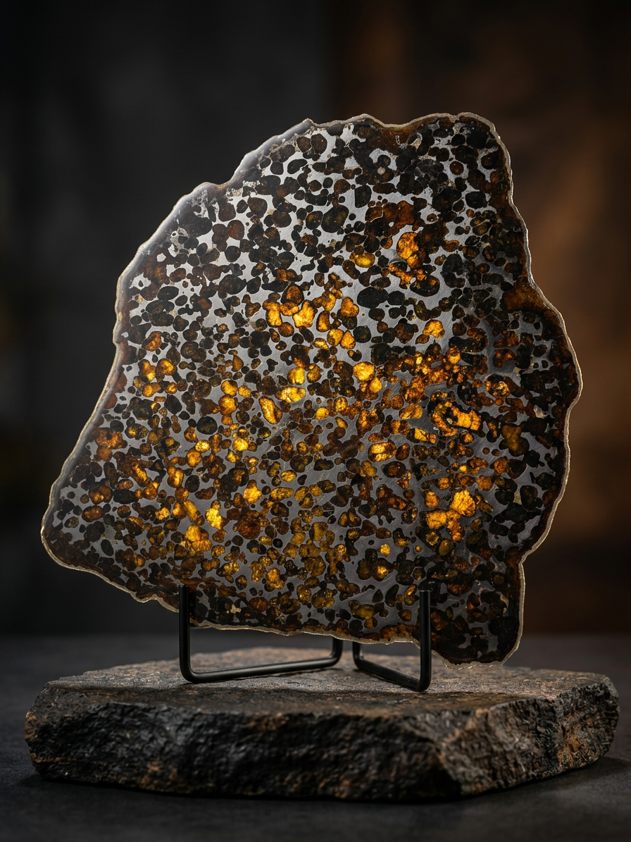 Sericho Pallasite Meteorite Slice 340g (200×220×3.5mm) — Golden Olivine Gems in Meteorites | Meteorite for Sale