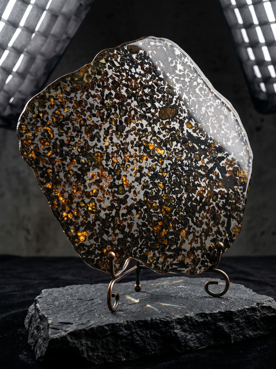 Sericho Pallasite Meteorite Slice 460g (250×225×3.5mm) — Golden Olivine “Gems in Meteorites” | Meteorite for Sale