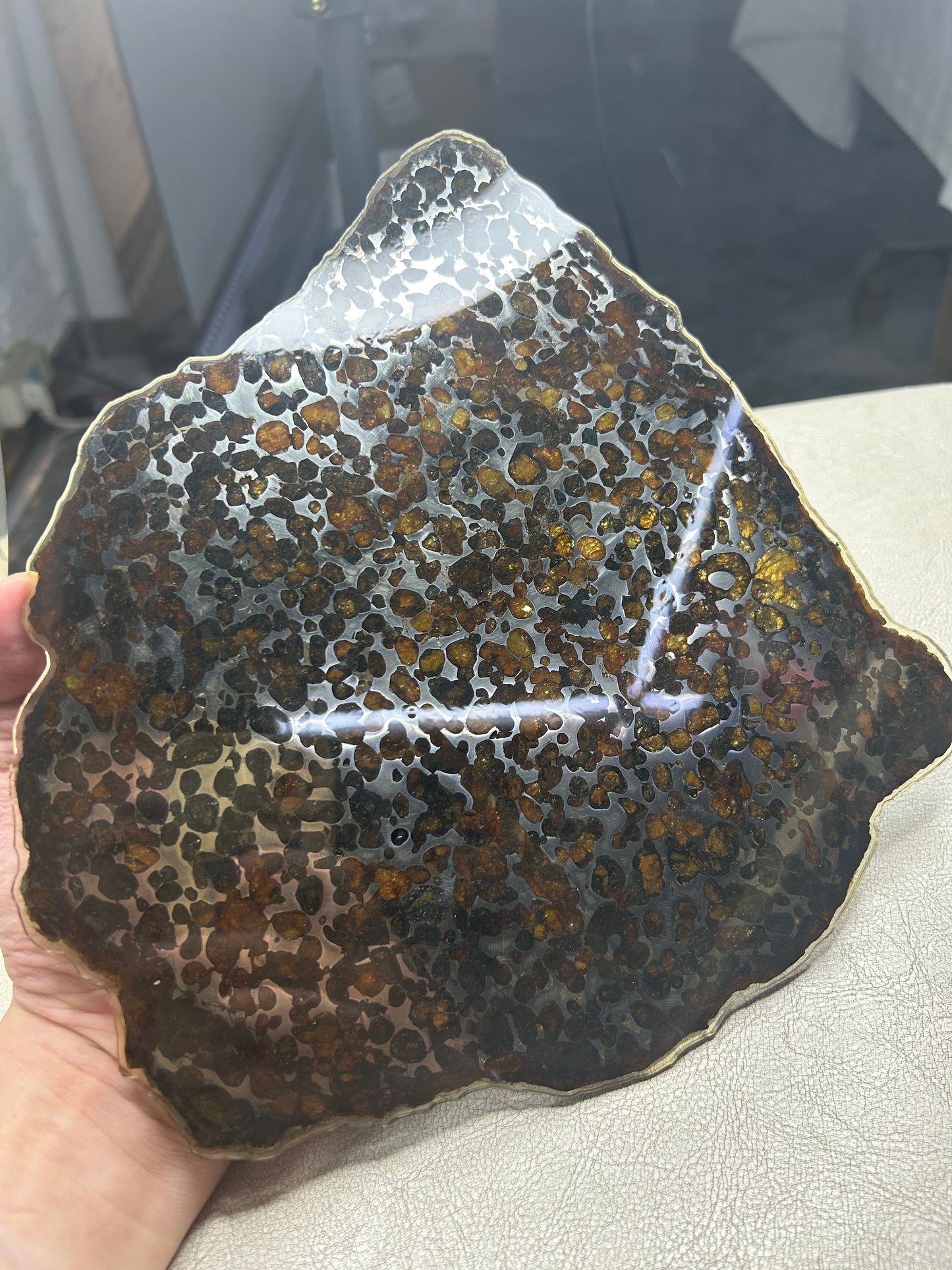 Sericho Pallasite Meteorite Slice 340g (200×220×3.5mm) — Golden Olivine Gems in Meteorites | Meteorite for Sale