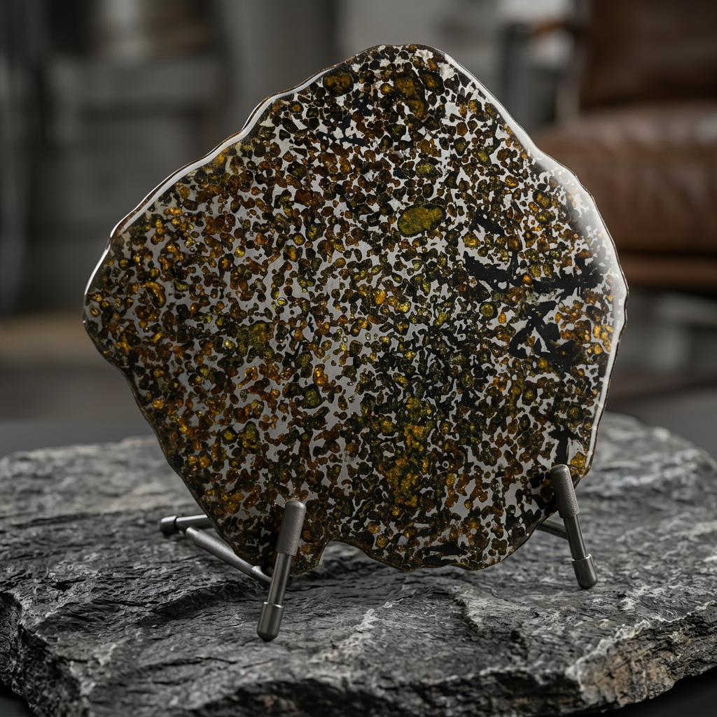 Sericho Pallasite Meteorite Slice 460g (250×225×3.5mm) — Golden Olivine “Gems in Meteorites” | Meteorite for Sale