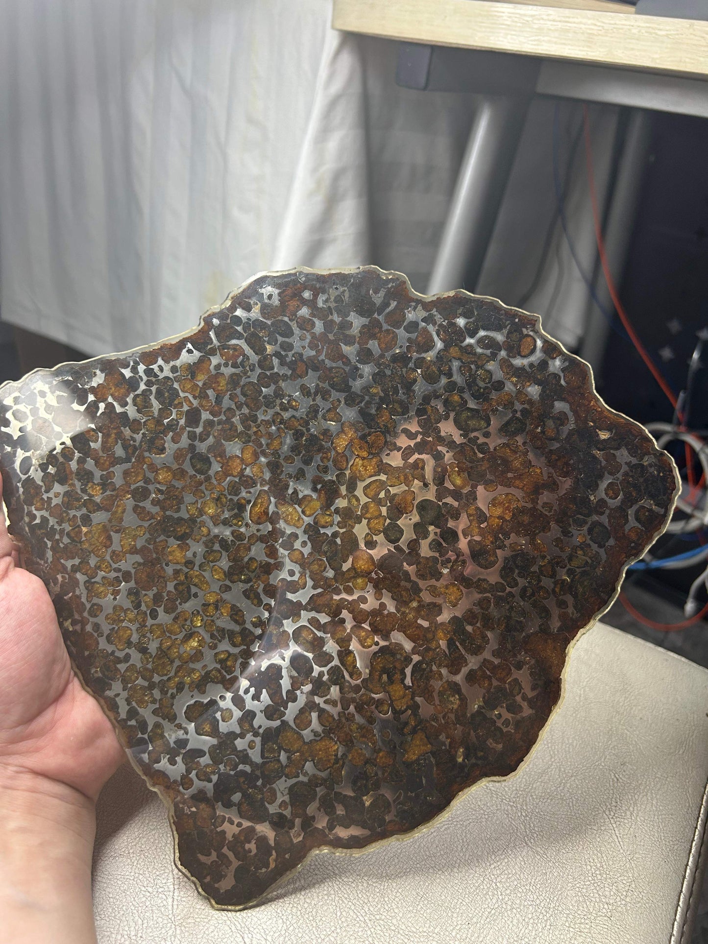 Sericho Pallasite Meteorite Slice 350g (200×230×3.5mm) — Golden Olivine “Gems in Meteorites” | Meteorite for Sale