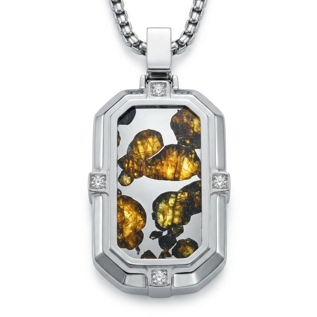 Genuine Sericho Pallasite Meteorite Pendant Necklace | Olivine Crystal Inlay | Titanium Steel | 19×40mm | Gift Ready + COA