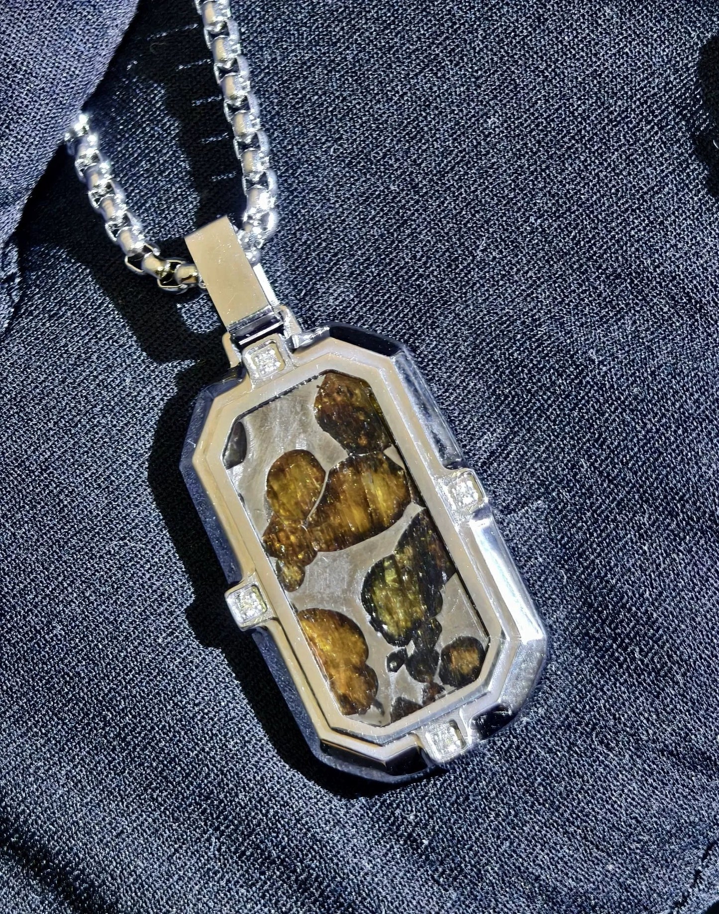 Genuine Sericho Pallasite Meteorite Pendant Necklace | Olivine Crystal Inlay | Titanium Steel | 19×40mm | Gift Ready + COA