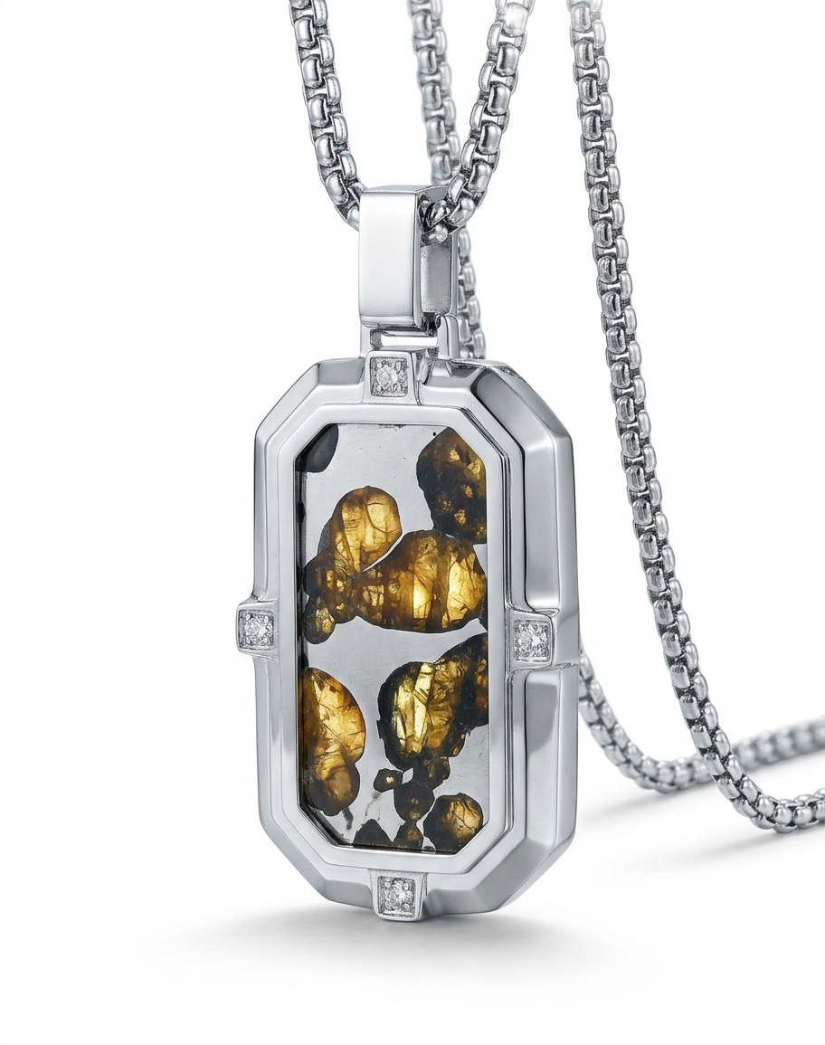 Genuine Sericho Pallasite Meteorite Pendant Necklace | Olivine Crystal Inlay | Titanium Steel | 19×40mm | Gift Ready + COA
