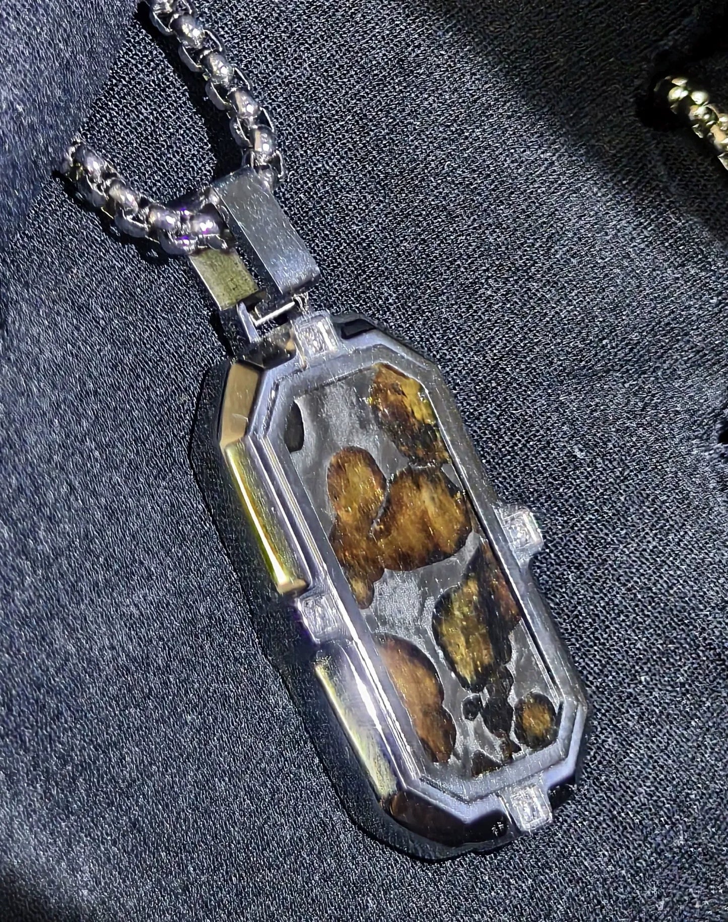Genuine Sericho Pallasite Meteorite Pendant Necklace | Olivine Crystal Inlay | Titanium Steel | 19×40mm | Gift Ready + COA