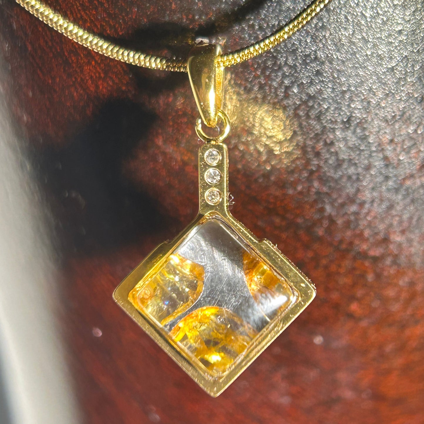 Genuine Sericho Pallasite Meteorite Square Pendant Golden Plated Necklace | Olivine Crystal Inlay | Gift Box + COA