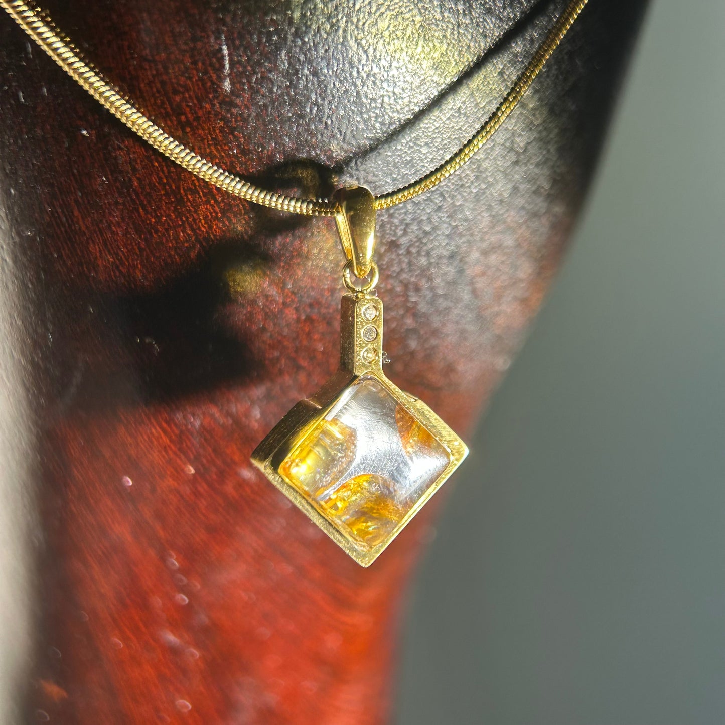 Genuine Sericho Pallasite Meteorite Square Pendant Golden Plated Necklace | Olivine Crystal Inlay | Gift Box + COA