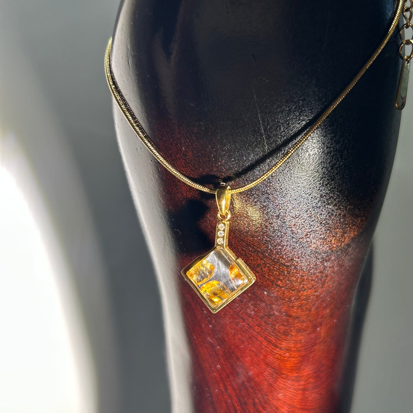Genuine Sericho Pallasite Meteorite Square Pendant Golden Plated Necklace | Olivine Crystal Inlay | Gift Box + COA