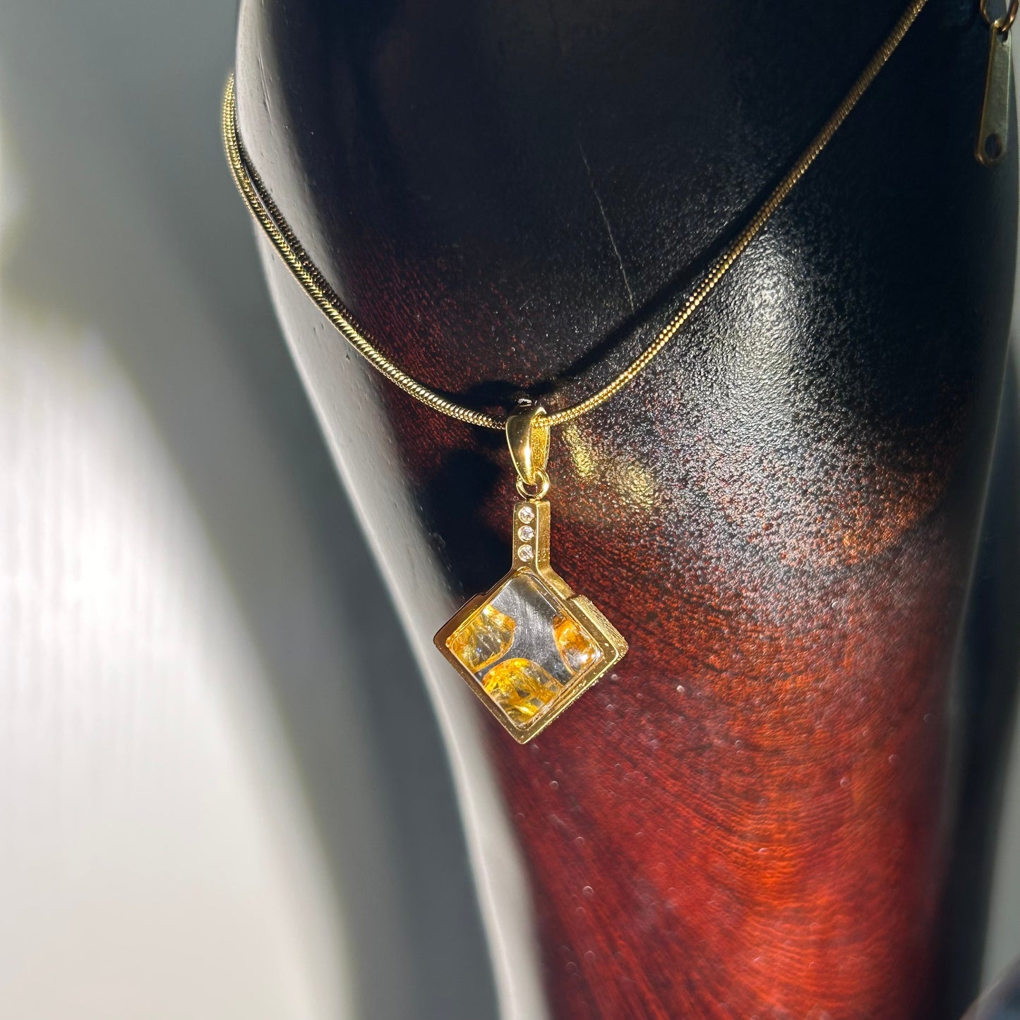 Genuine Sericho Pallasite Meteorite Square Pendant Golden Plated Necklace | Olivine Crystal Inlay | Gift Box + COA