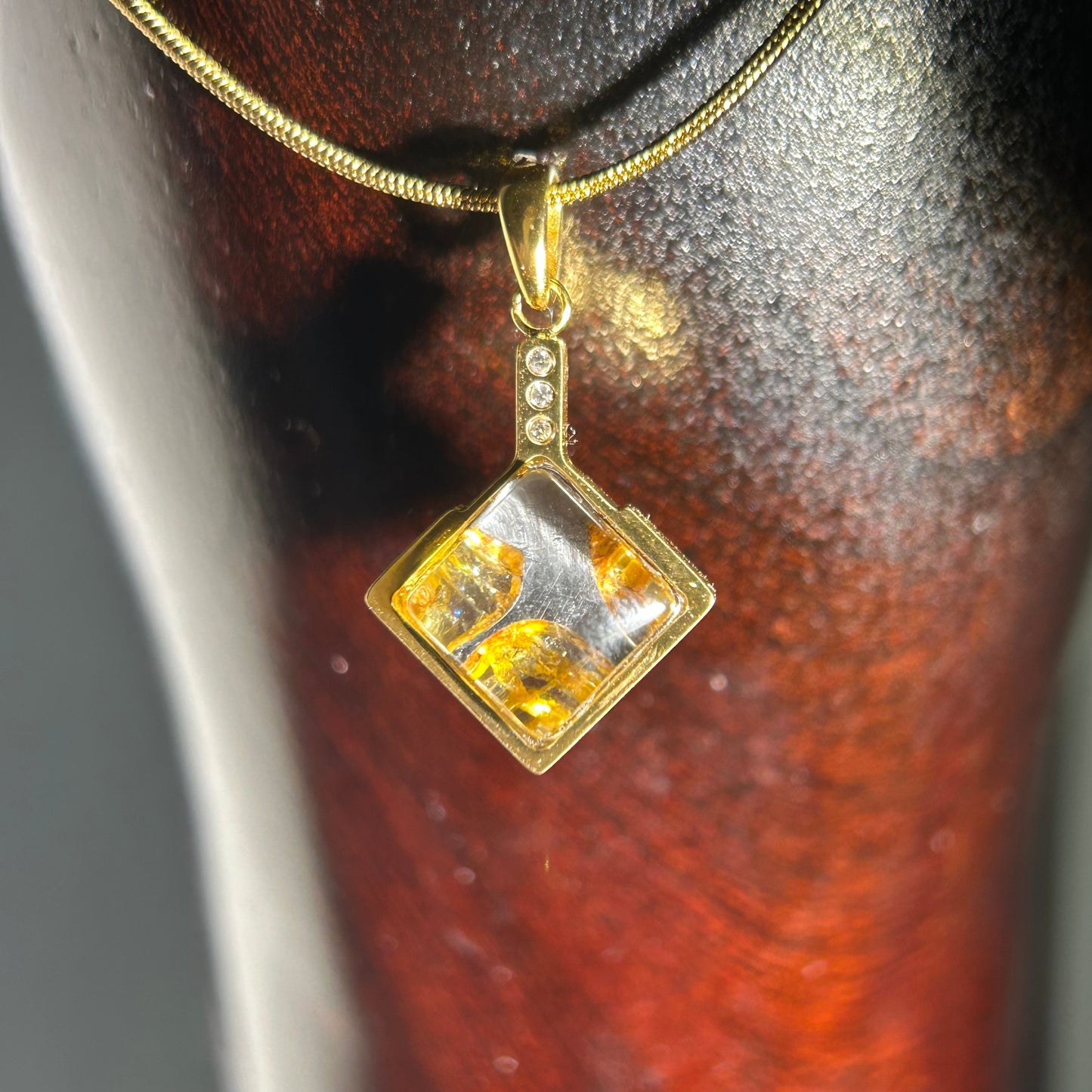 Genuine Sericho Pallasite Meteorite Square Pendant Golden Plated Necklace | Olivine Crystal Inlay | Gift Box + COA