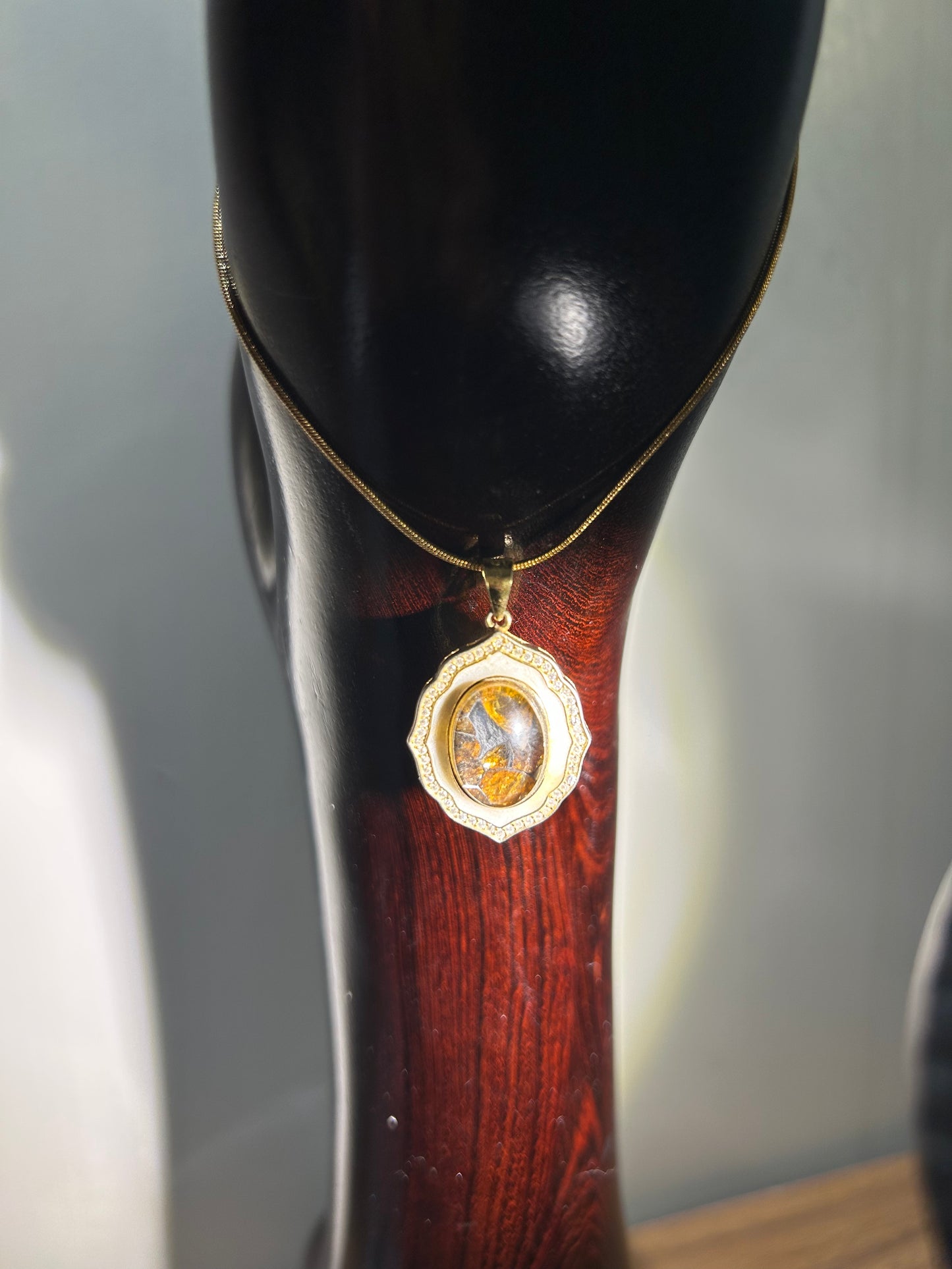 925 Sterling Silver Sericho Pallasite Meteorite Oval Pendant Necklace | Halo Frame | Olivine Crystal Inlay | Gift Box + COA