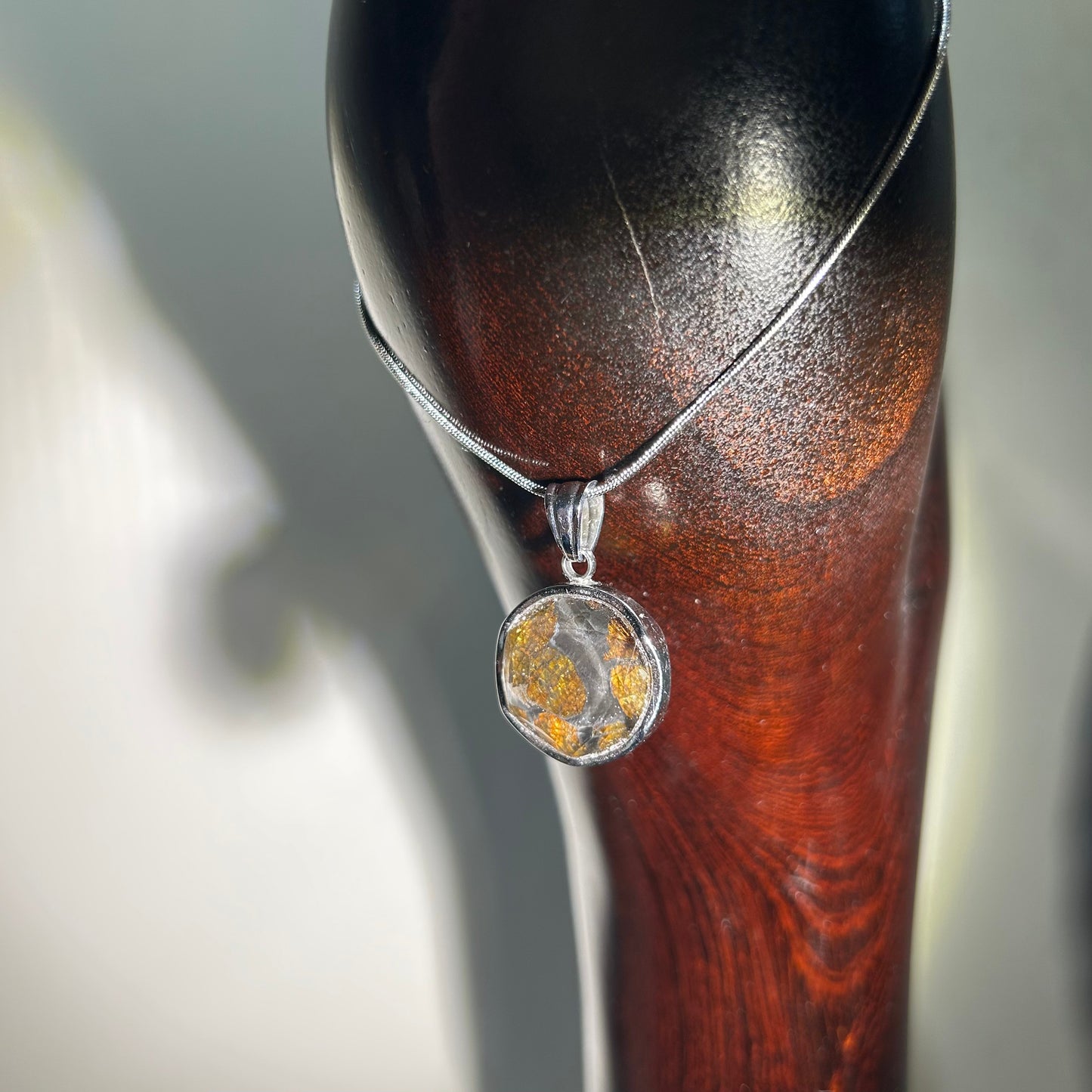 Sericho Pallasite Meteorite Round Pendant Necklace | Titanium Steel | Prism “Compound‑Eye” Protective Lens | Olivine Inlay | Gift Box + COA