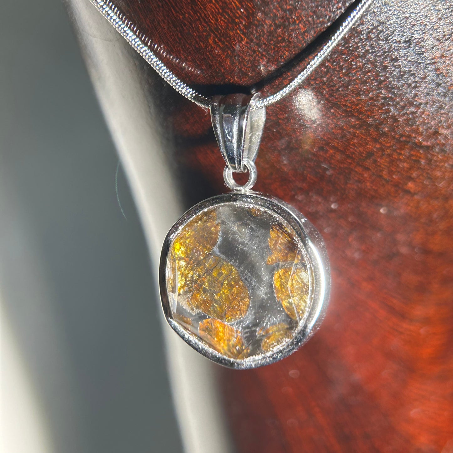 Sericho Pallasite Meteorite Round Pendant Necklace | Titanium Steel | Prism “Compound‑Eye” Protective Lens | Olivine Inlay | Gift Box + COA