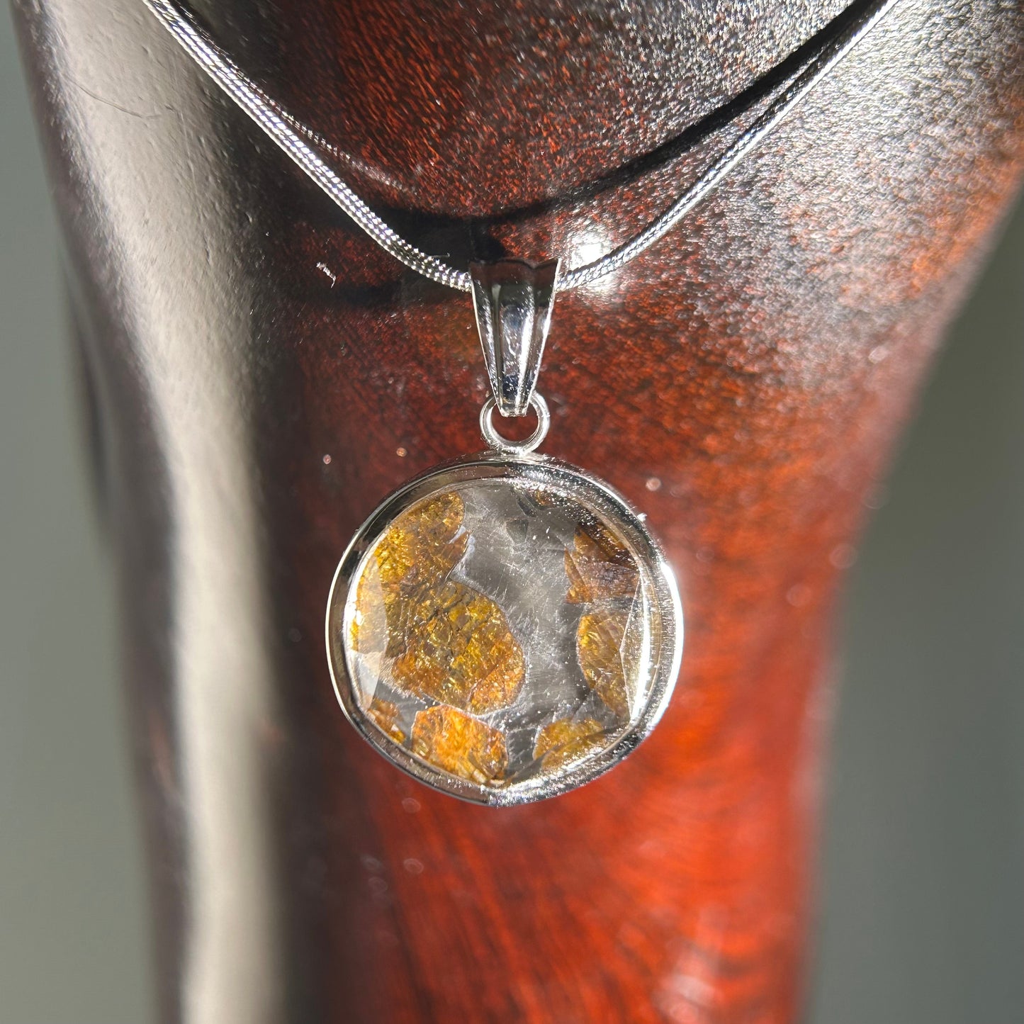 Sericho Pallasite Meteorite Round Pendant Necklace | Titanium Steel | Prism “Compound‑Eye” Protective Lens | Olivine Inlay | Gift Box + COA