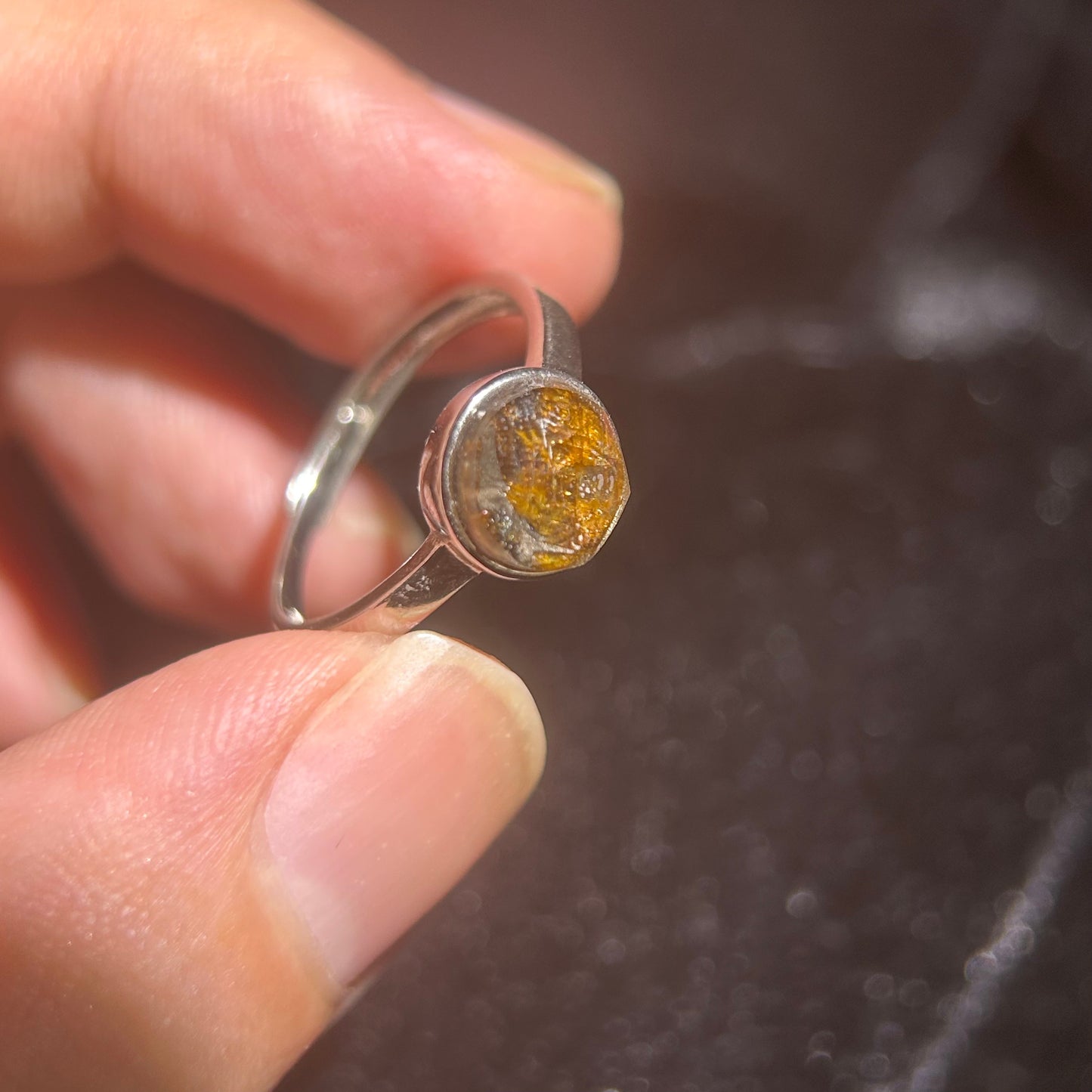 Authentic Sericho Pallasite Adjustable Ring — 8mm Round Meteorite Inlay, PVD Silver Tone, Unisex Statement Gift