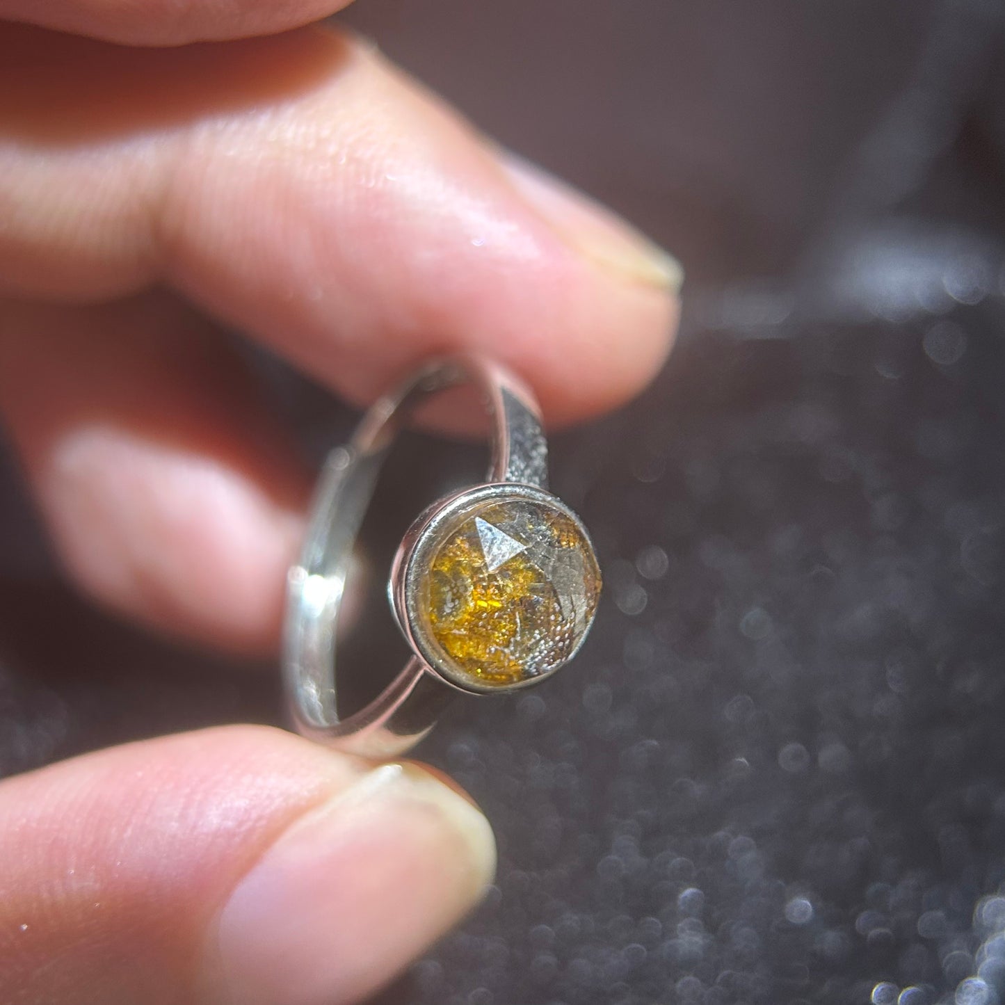 Authentic Sericho Pallasite Adjustable Ring — 8mm Round Meteorite Inlay, PVD Silver Tone, Unisex Statement Gift