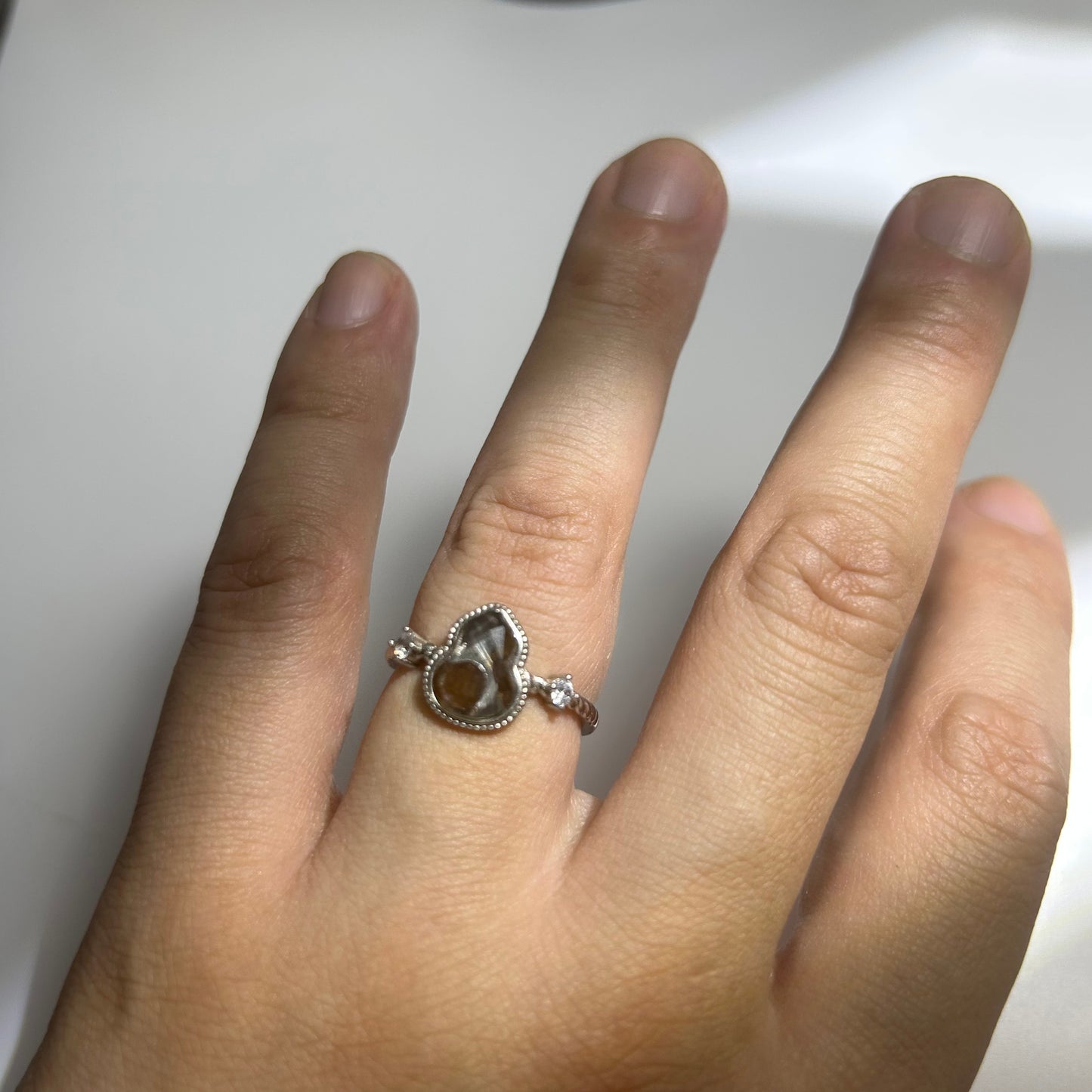 Libyan Desert Glass Ring, Pyramid Tetrahedron Statement Ring, Meteorite Impact Glass, Champagne Tektite, 925 Silver Gold Tone, Adjustable