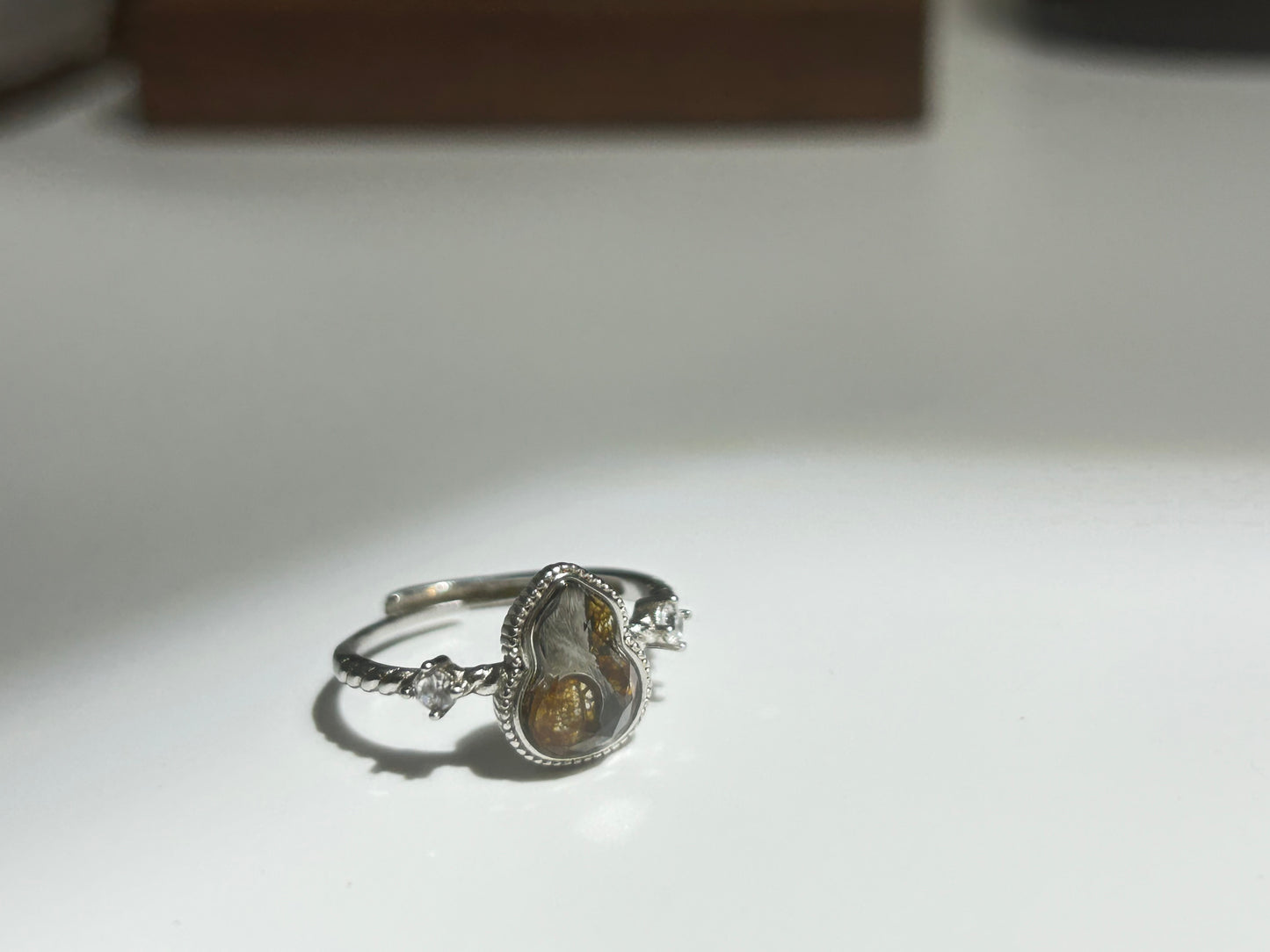 Libyan Desert Glass Ring, Pyramid Tetrahedron Statement Ring, Meteorite Impact Glass, Champagne Tektite, 925 Silver Gold Tone, Adjustable