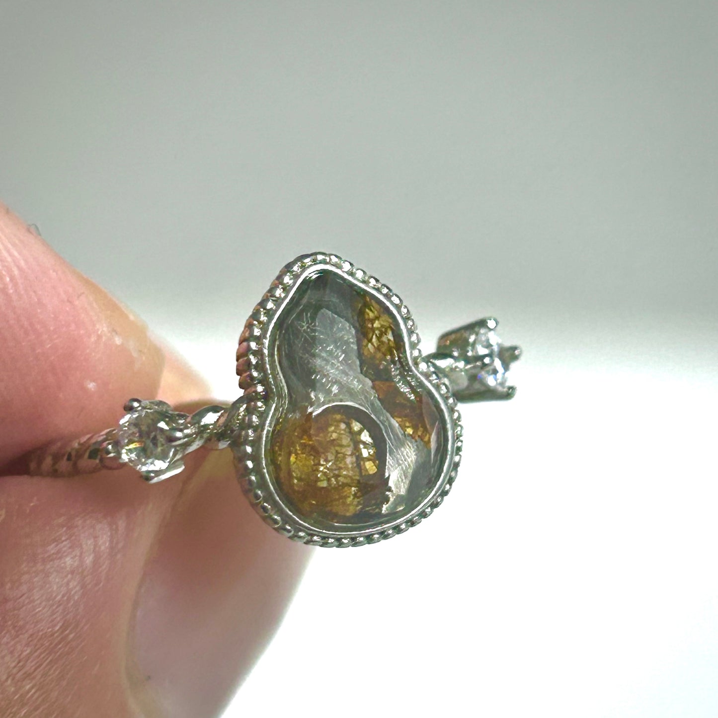 Libyan Desert Glass Ring, Pyramid Tetrahedron Statement Ring, Meteorite Impact Glass, Champagne Tektite, 925 Silver Gold Tone, Adjustable