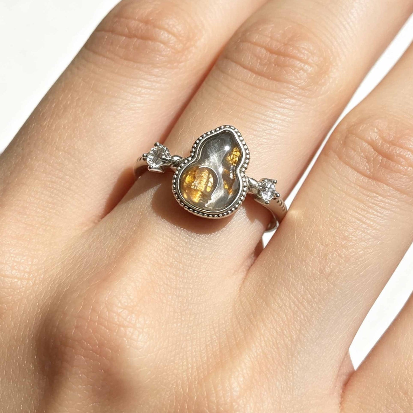 Libyan Desert Glass Ring, Pyramid Tetrahedron Statement Ring, Meteorite Impact Glass, Champagne Tektite, 925 Silver Gold Tone, Adjustable