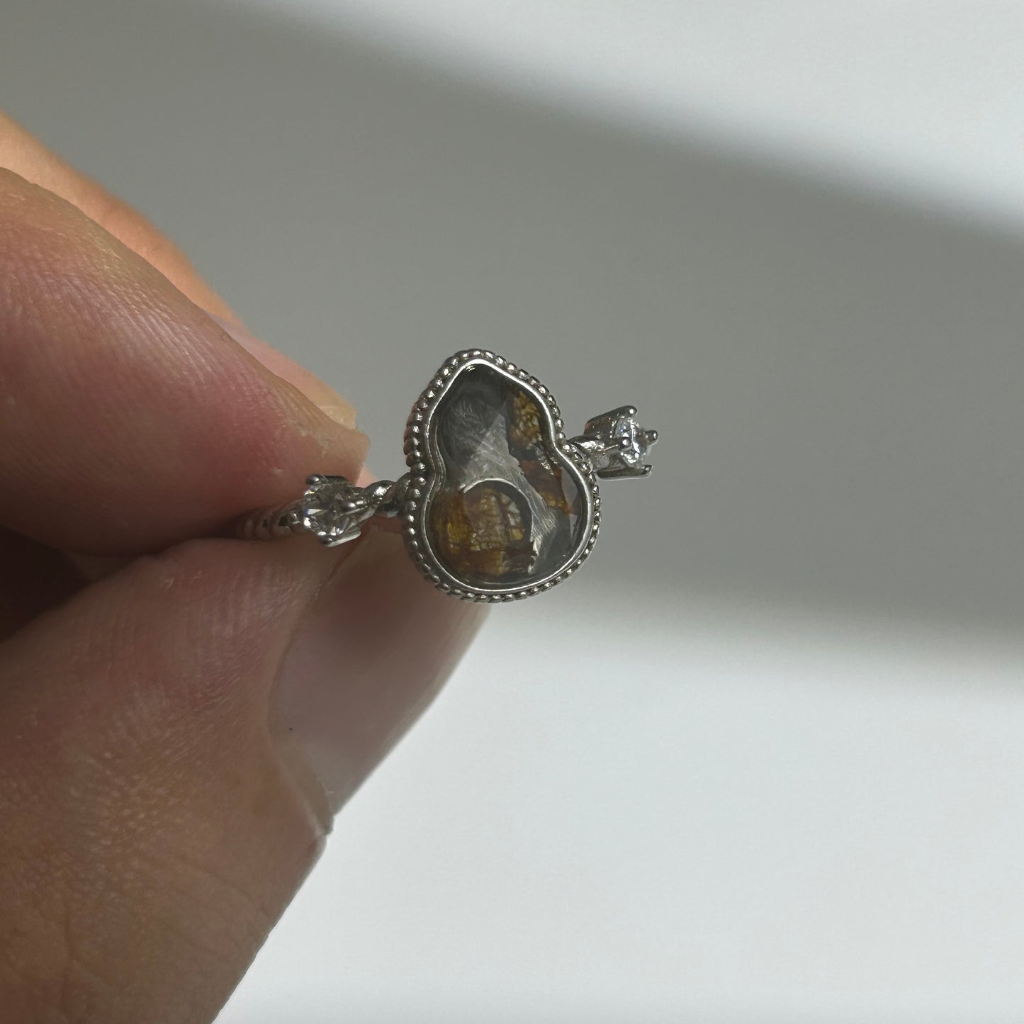 Libyan Desert Glass Ring, Pyramid Tetrahedron Statement Ring, Meteorite Impact Glass, Champagne Tektite, 925 Silver Gold Tone, Adjustable