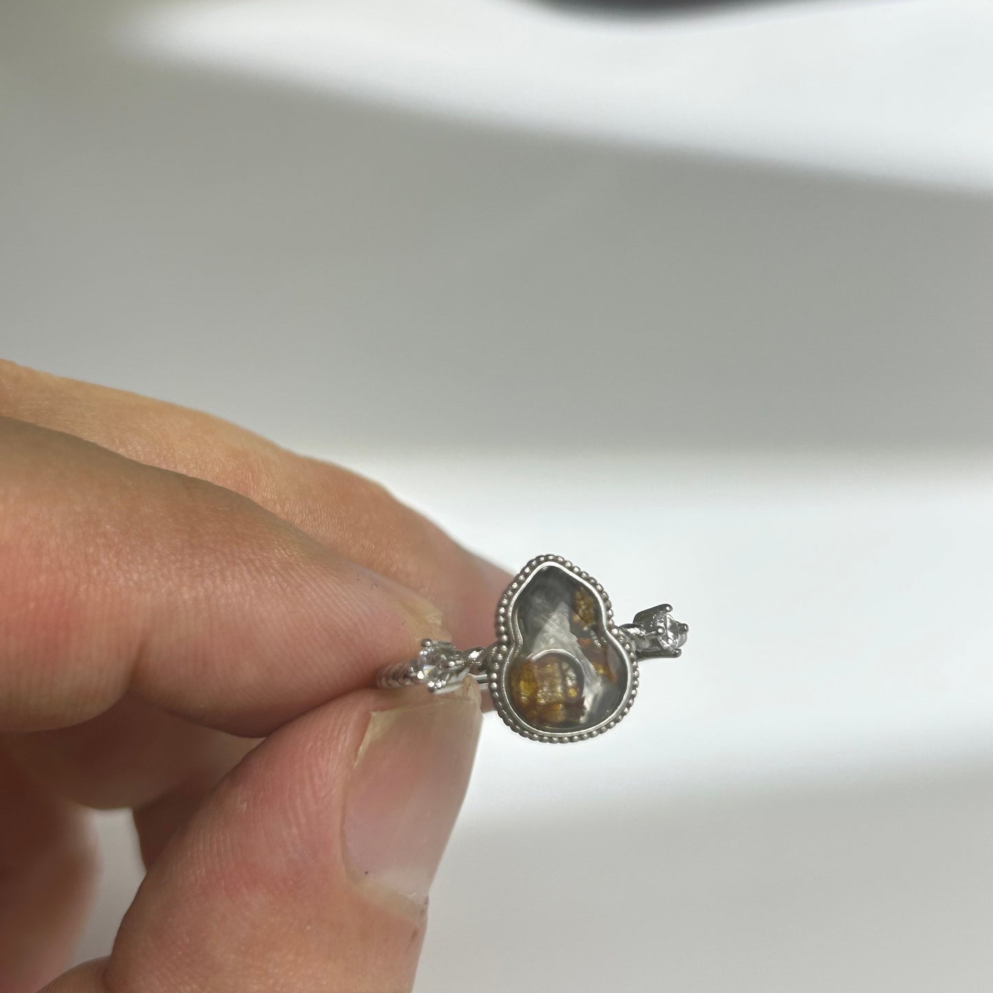 Libyan Desert Glass Ring, Pyramid Tetrahedron Statement Ring, Meteorite Impact Glass, Champagne Tektite, 925 Silver Gold Tone, Adjustable