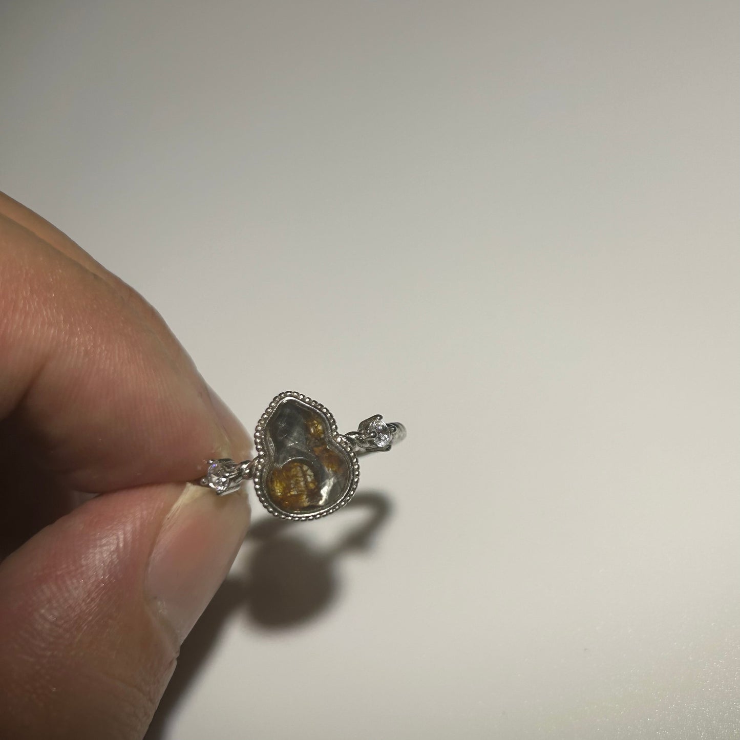Libyan Desert Glass Ring, Pyramid Tetrahedron Statement Ring, Meteorite Impact Glass, Champagne Tektite, 925 Silver Gold Tone, Adjustable