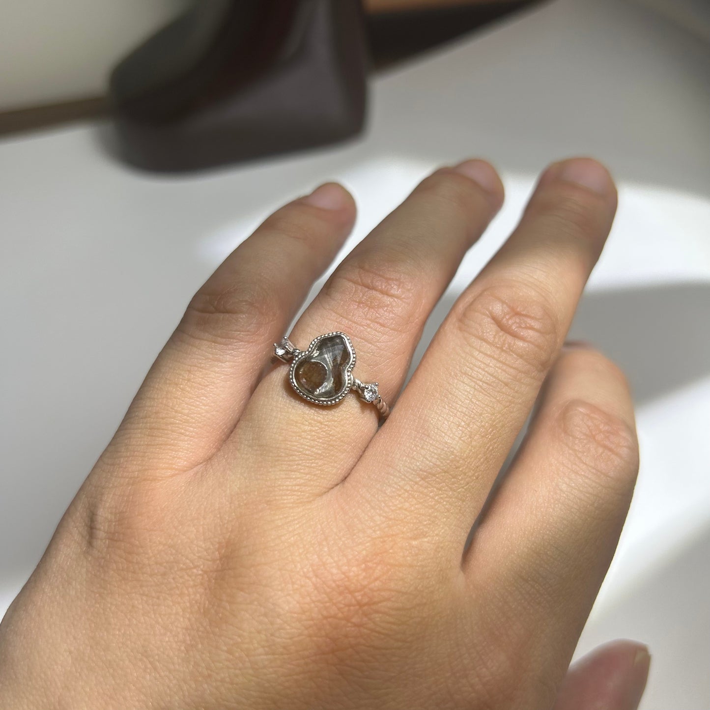 Libyan Desert Glass Ring, Pyramid Tetrahedron Statement Ring, Meteorite Impact Glass, Champagne Tektite, 925 Silver Gold Tone, Adjustable