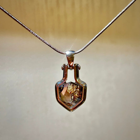 Shield of Stars Pendant Silver Color Necklace | Kenya Sericho Pallasite (Olivine Meteorite) Inlay | Cosmic Shield Charm | Gift Box + COA | 10×18×4mm