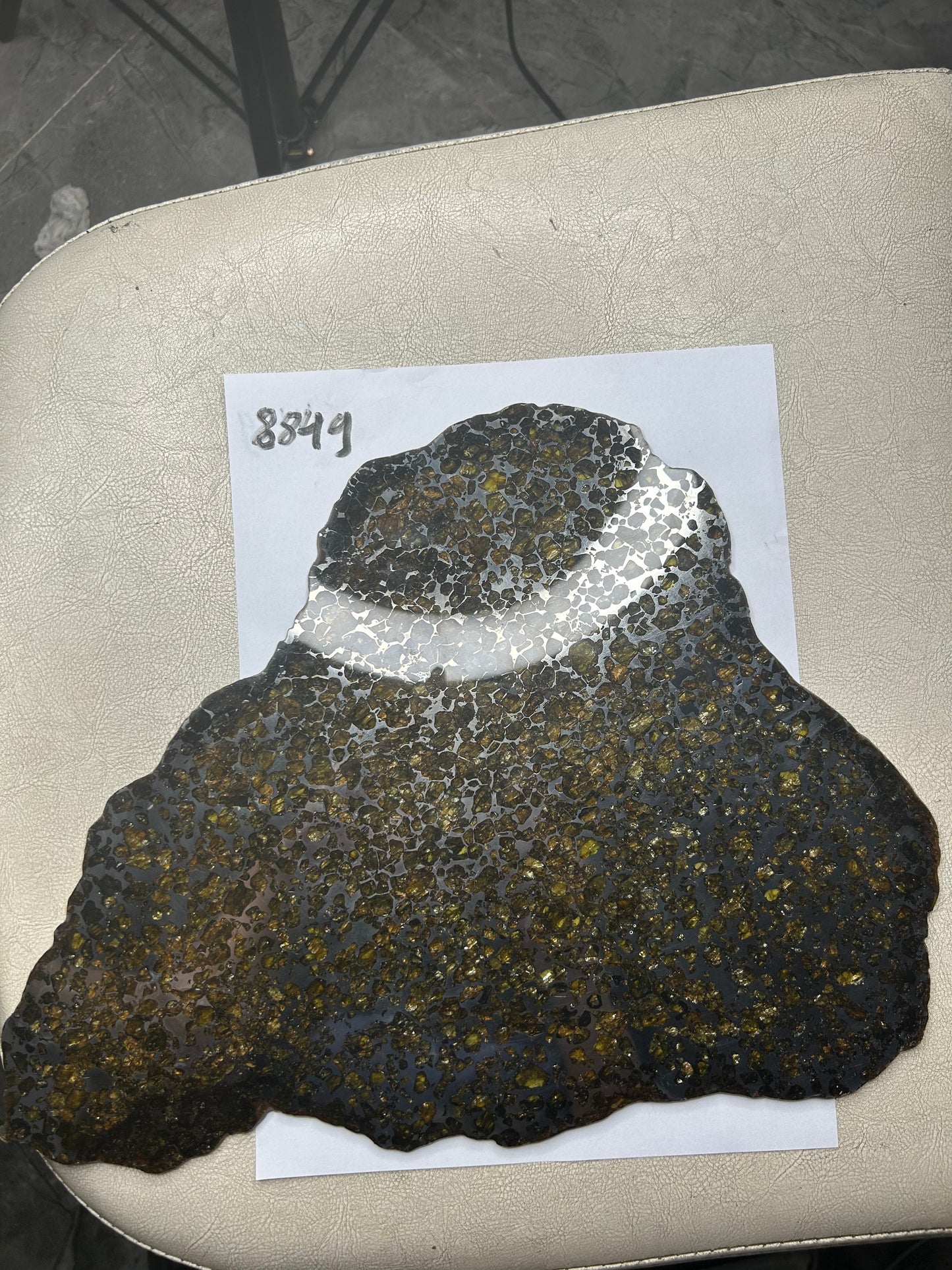 Seymchan Pallasite Meteorite Slice 889g (270×290×4mm) —Imperial Green Olivine “Gems in Meteorites” + Stand & COA | Meteorite for Sale