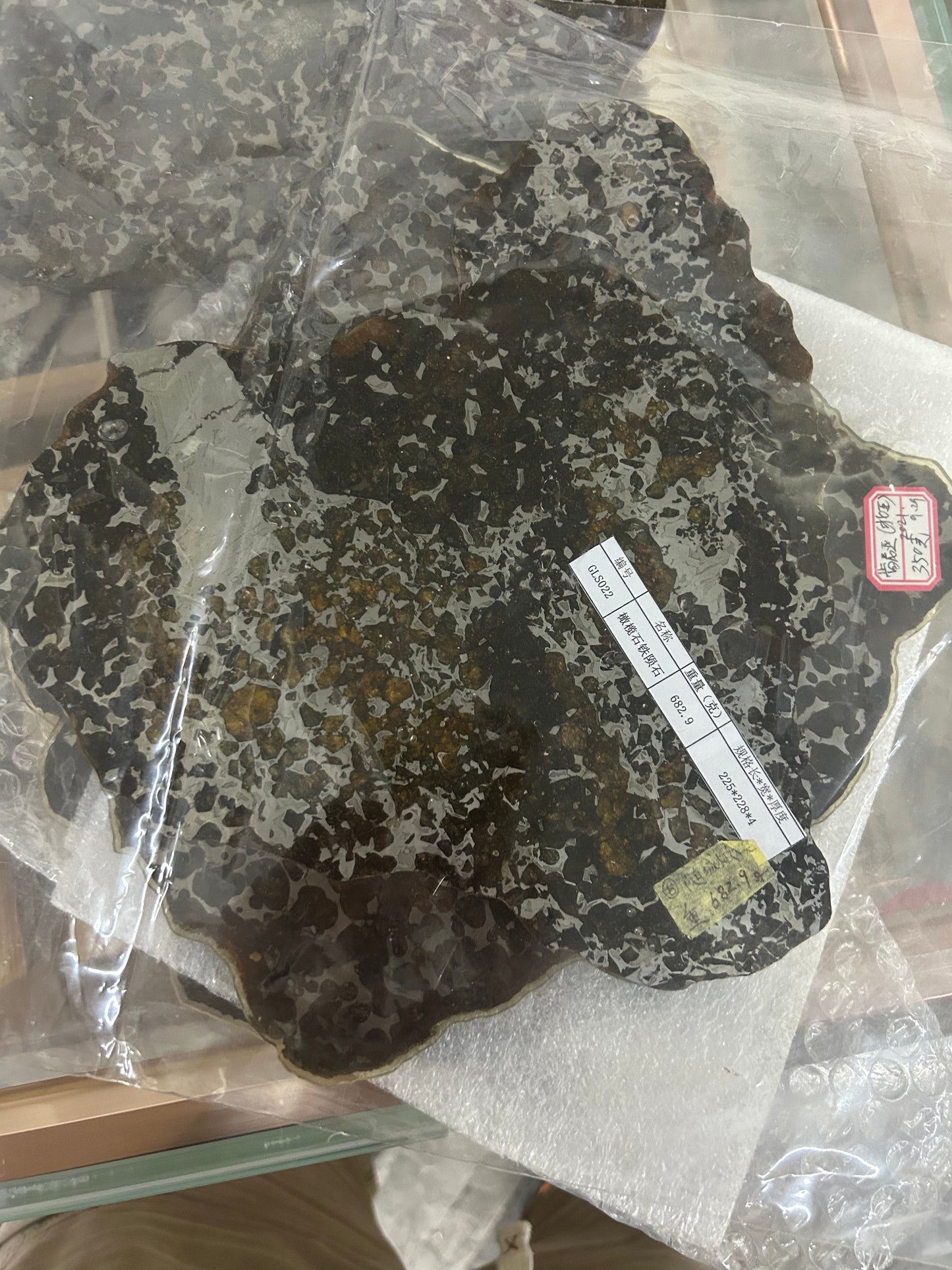 Heart-Shaped Seymchan Pallasite Meteorite Slice 682g (225×228×4mm) — Gems in Meteorites | Meteorite for Sale
