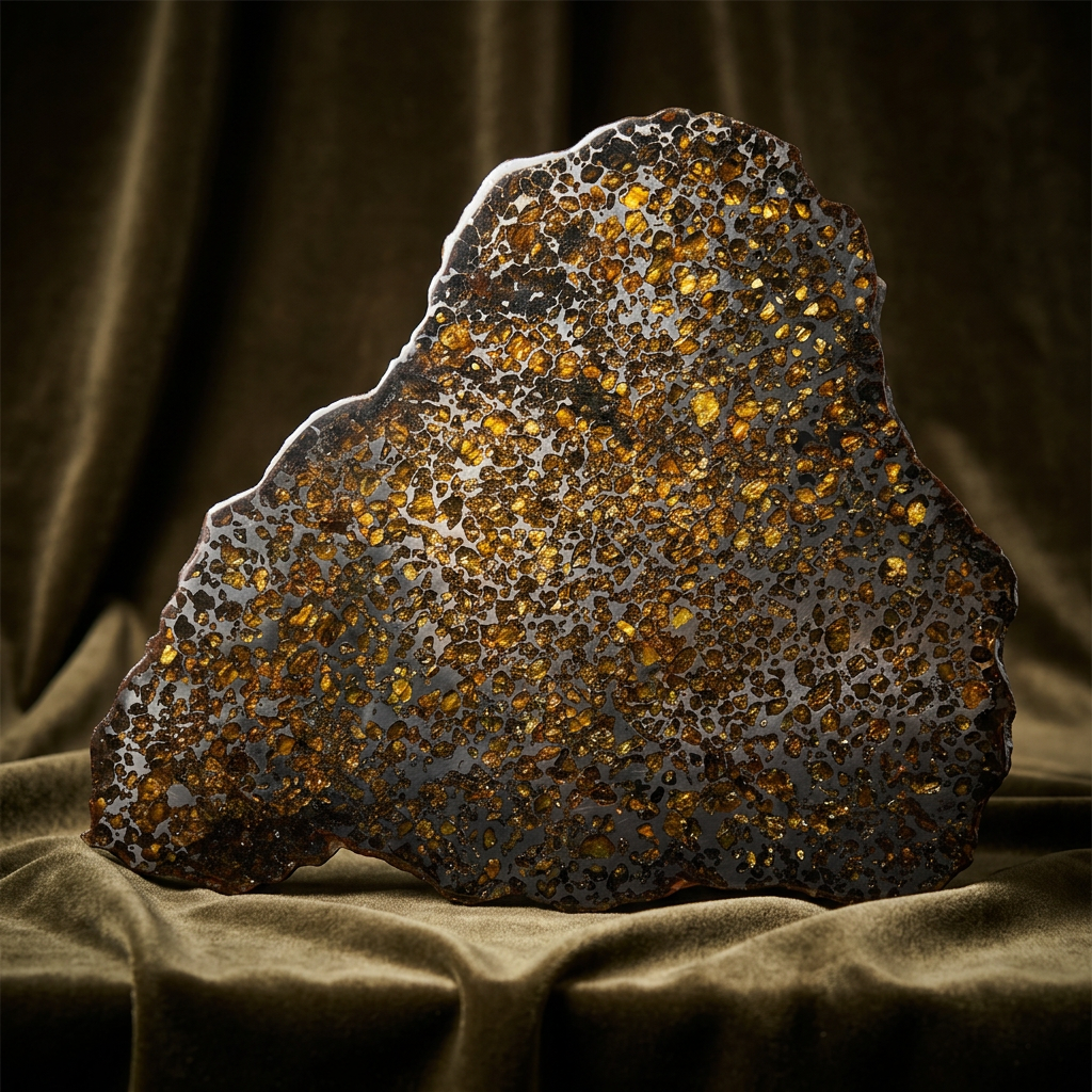 Seymchan Pallasite Meteorite Slice 889g (270×290×4mm) —Imperial Green Olivine “Gems in Meteorites” + Stand & COA | Meteorite for Sale