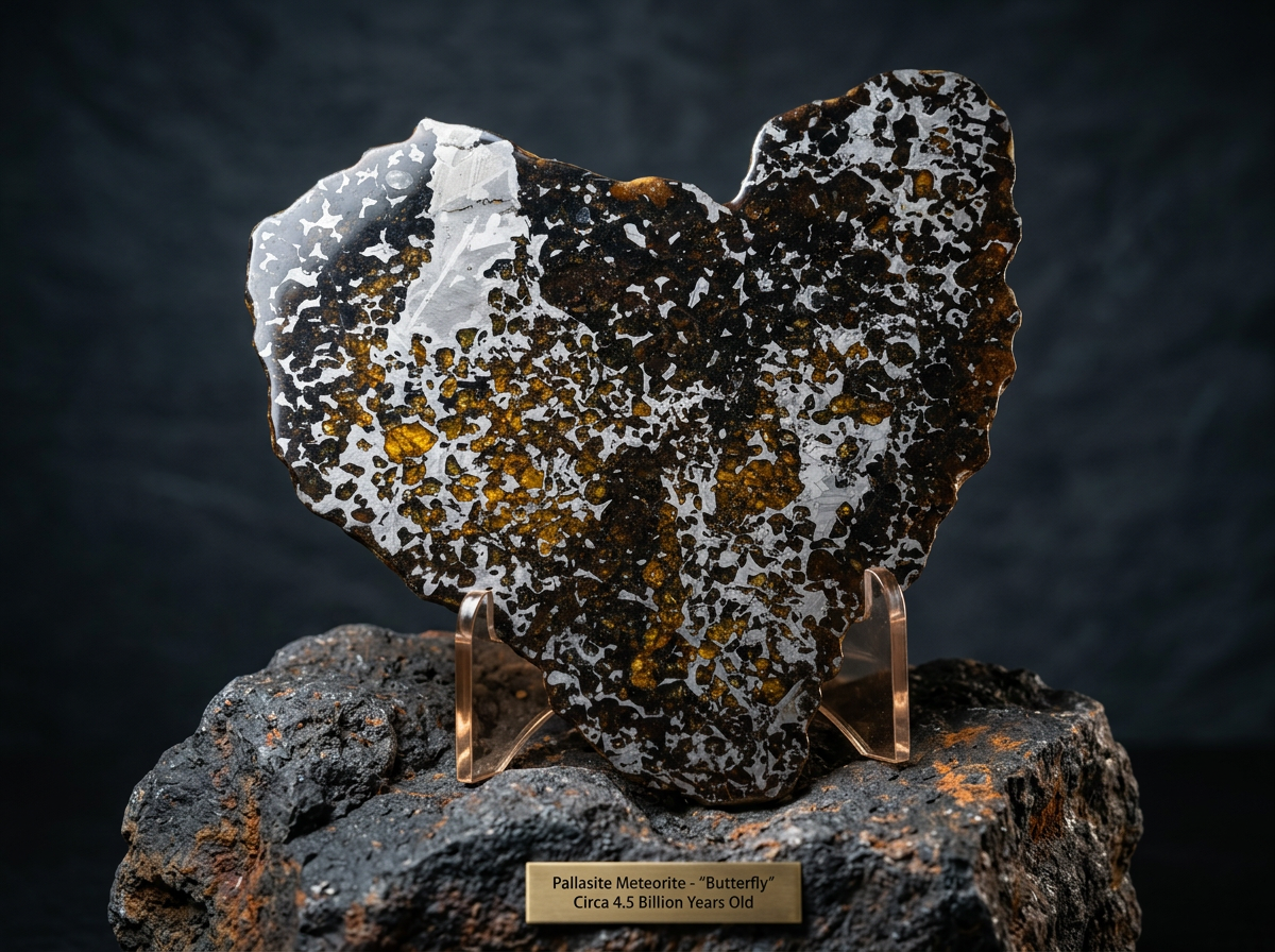 Heart-Shaped Seymchan Pallasite Meteorite Slice 682g (225×228×4mm) — Gems in Meteorites | Meteorite for Sale
