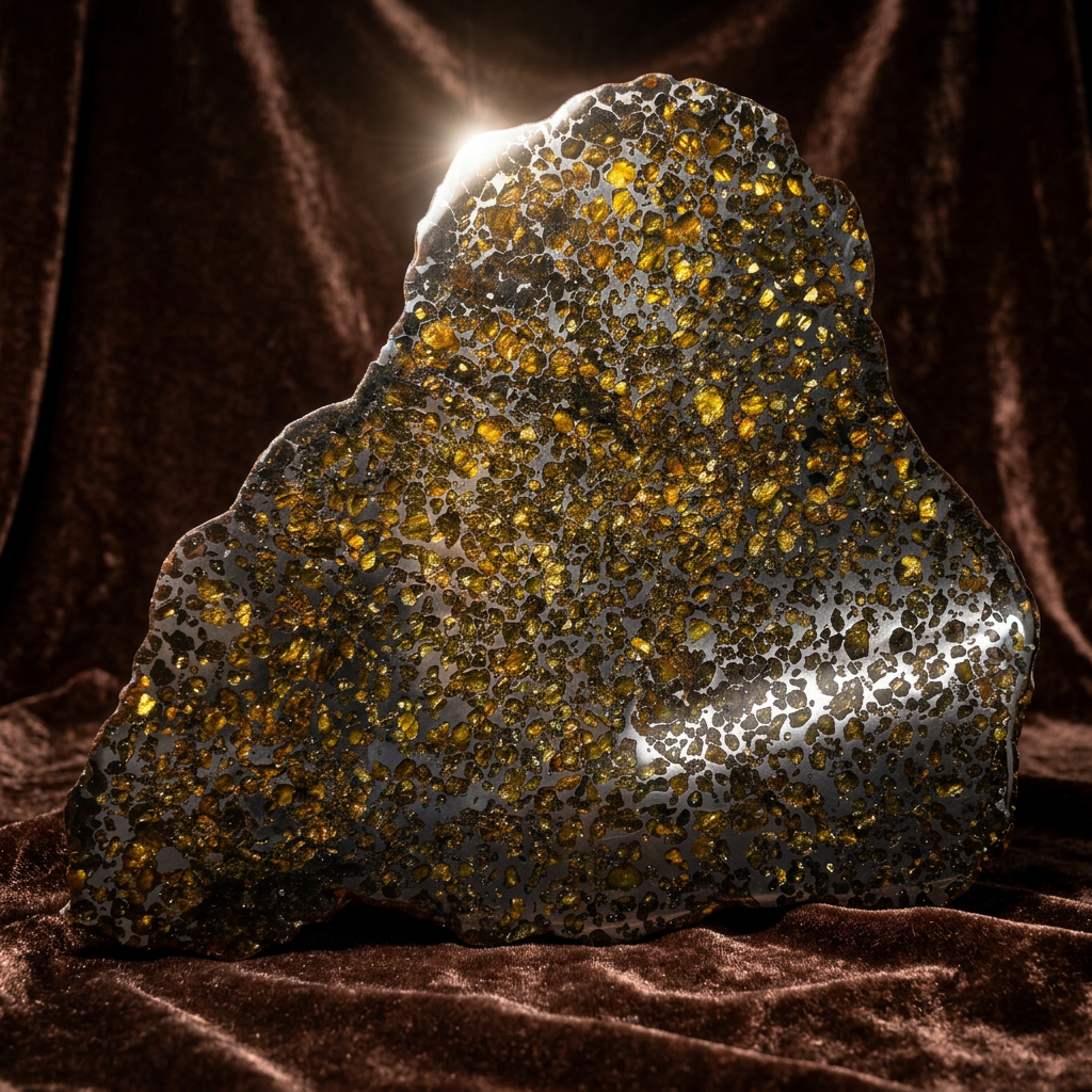 Seymchan Pallasite Meteorite Slice 889g (270×290×4mm) —Imperial Green Olivine “Gems in Meteorites” + Stand & COA | Meteorite for Sale