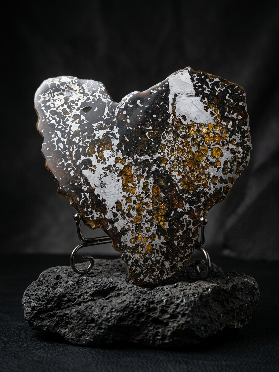 Heart-Shaped Seymchan Pallasite Meteorite Slice 682g (225×228×4mm) — Gems in Meteorites | Meteorite for Sale