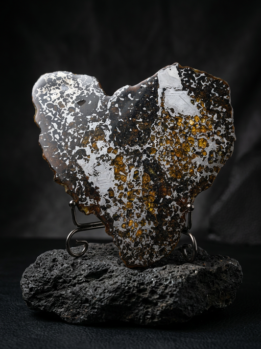 Heart-Shaped Seymchan Pallasite Meteorite Slice 682g (225×228×4mm) — Gems in Meteorites | Meteorite for Sale