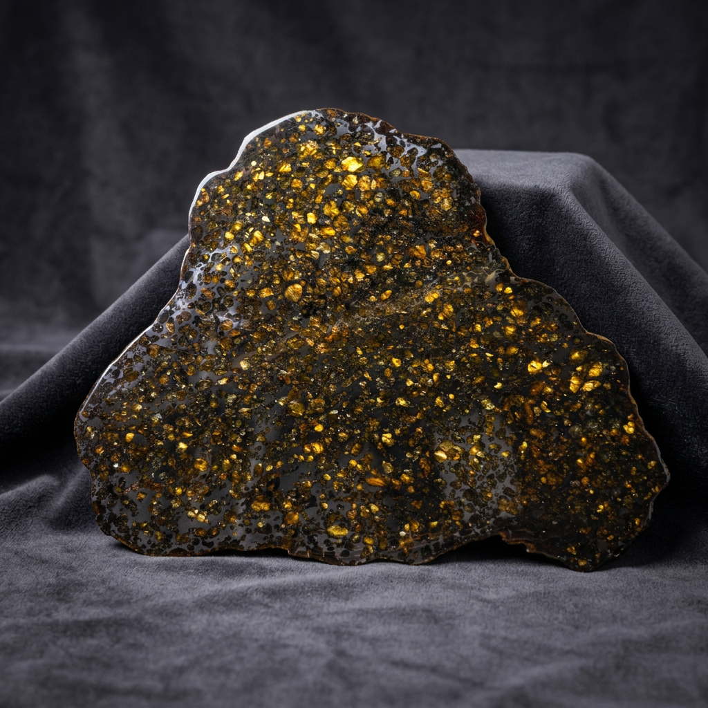 Seymchan Pallasite Meteorite Slice 889g (270×290×4mm) —Imperial Green Olivine “Gems in Meteorites” + Stand & COA | Meteorite for Sale