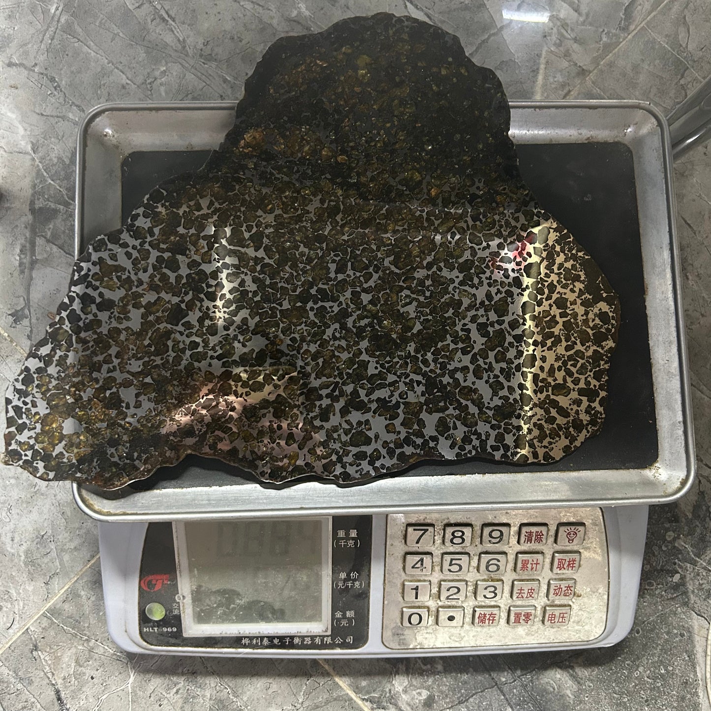 Seymchan Pallasite Meteorite Slice 889g (270×290×4mm) —Imperial Green Olivine “Gems in Meteorites” + Stand & COA | Meteorite for Sale