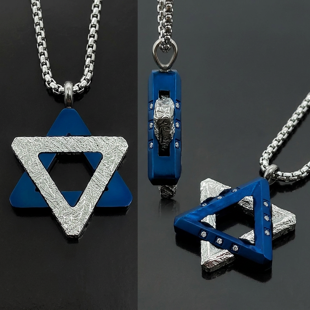 Star of David Meteorite Pendant Necklace, Jewish Protection Necklace, Blue Triangle,28.5*21.6*3.5mm, Genuine Space Stone, Gift for Men Women