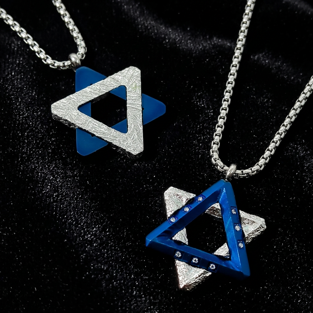 Star of David Meteorite Pendant Necklace, Jewish Protection Necklace, Blue Triangle,28.5*21.6*3.5mm, Genuine Space Stone, Gift for Men Women